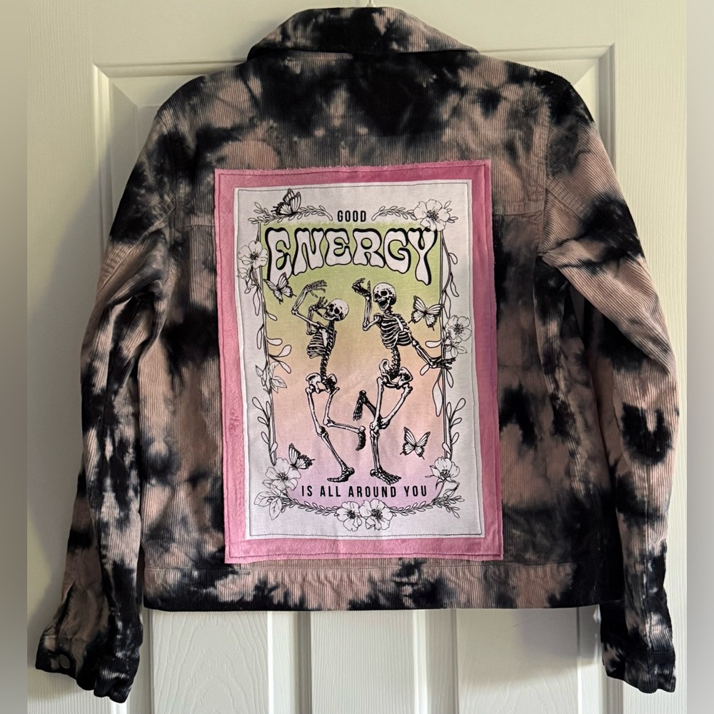 Custom Upcycled Good Energy Skeletons Dancing Tie Dyed Corduroy Jacket Size M - Picture 2 of 5